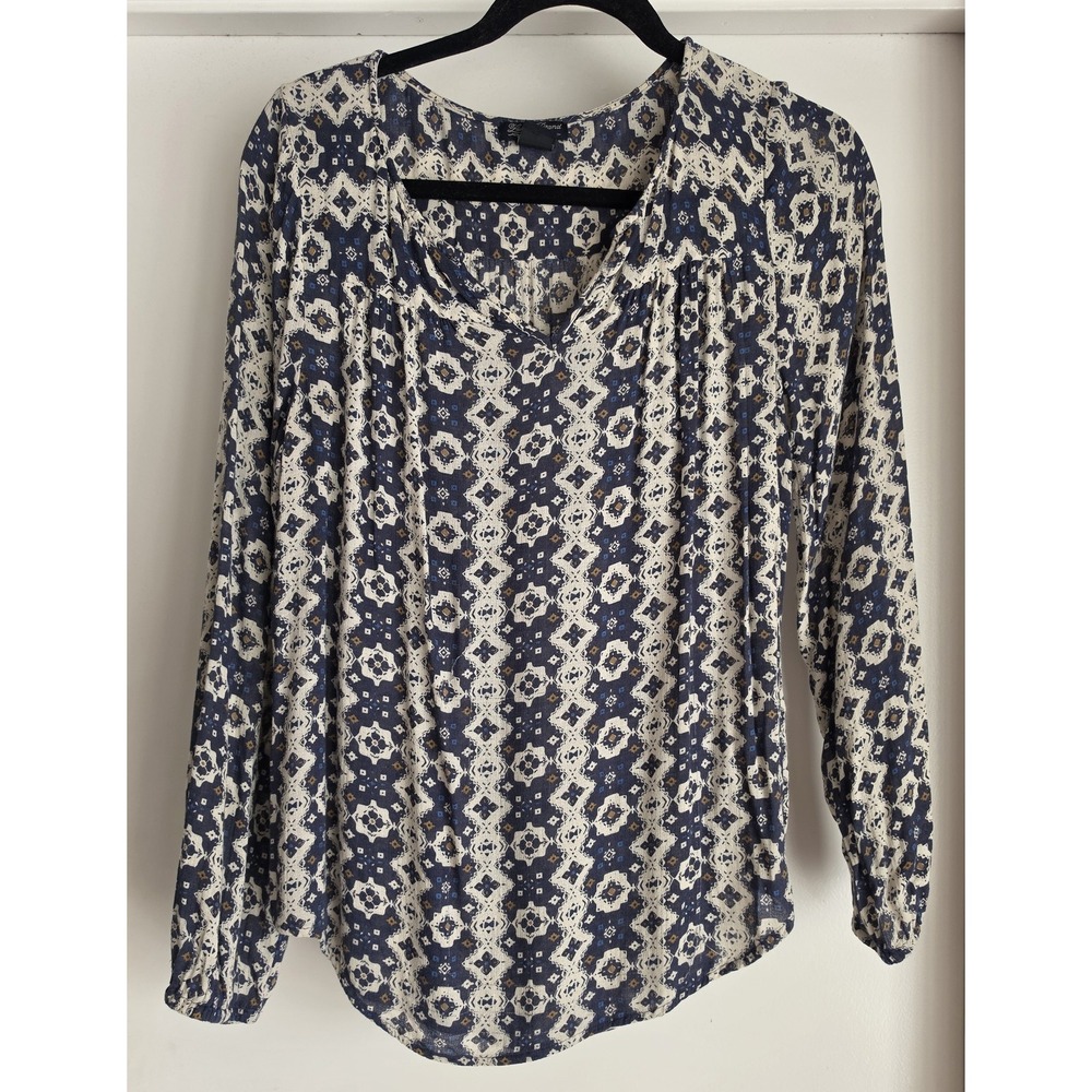 Lucky Brand Blouse S Blue Cream Geometric Long Sleeve Split Neck Boho Top